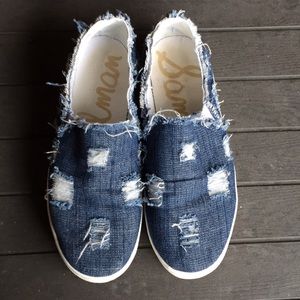 Low top distressed denim sneakers